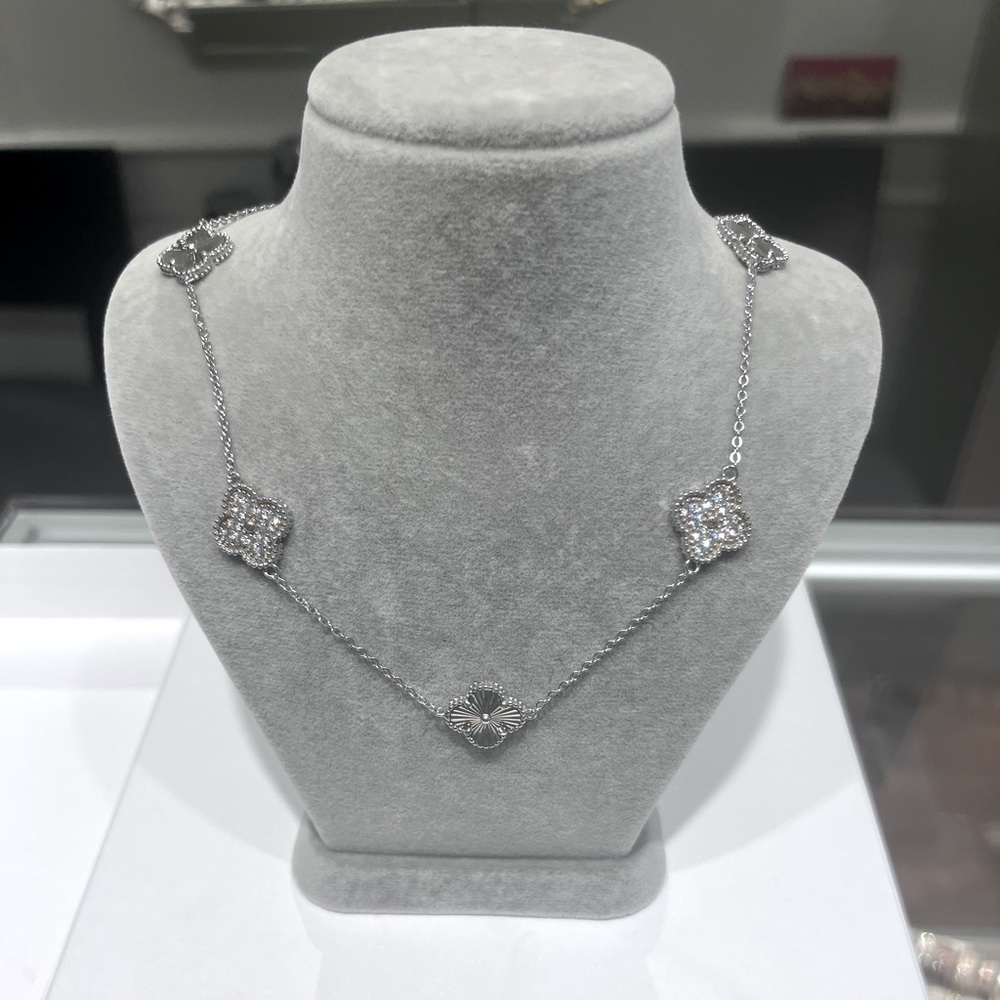10 Motifs Clover Solid Sterling Silver with Cubic Zirconia Necklace